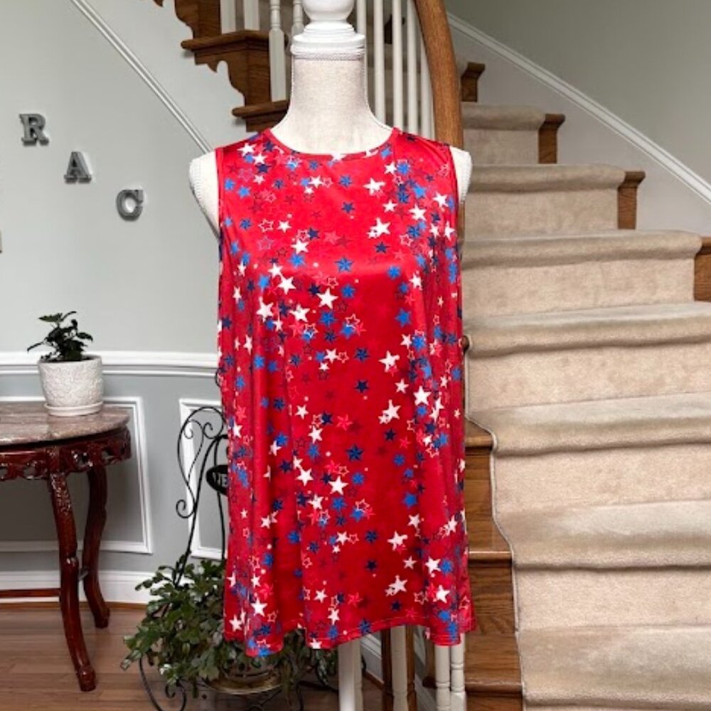 Dress Works Women's Top Sz L Red with Red, White n Blue Stars